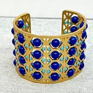 Stella & Dot Abacus Blue & Teal Beaded Gold Tone Cuff Bracelet